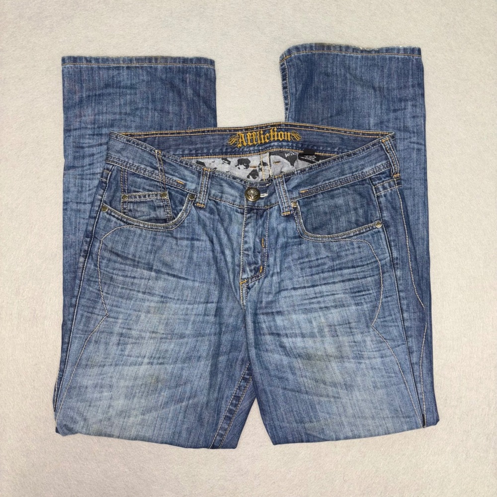 Affliction Denim Killers Mens Straight Leg Jeans Blue Embroidered 36x32 USA Made